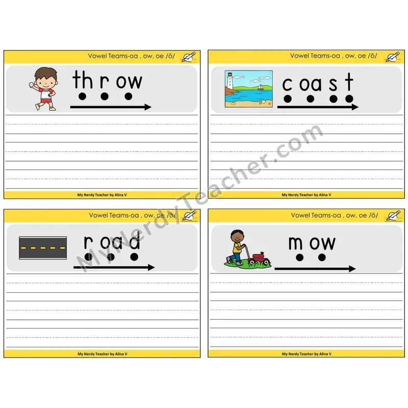 Long O Vowel Teams (oa, ow, oe) Sentence Writing Task Cards — Decodable Sentences