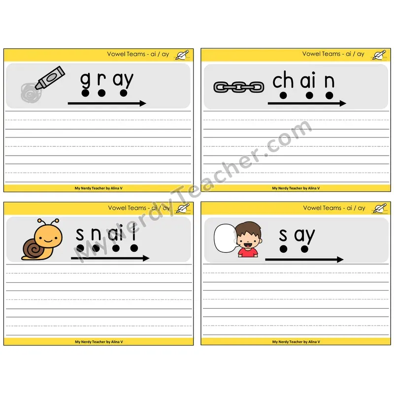 Long A Vowel Teams (ai, ay) Sentence Writing Task Cards — Decodable Sentences