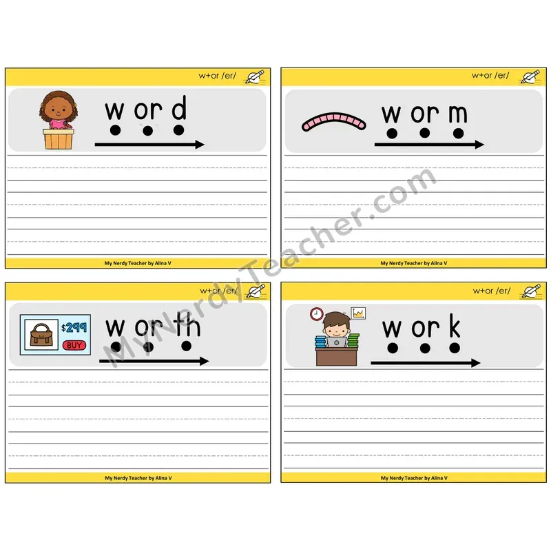 W+OR spelling /er/ Sentence Writing Task Cards — Decodable Sentences
