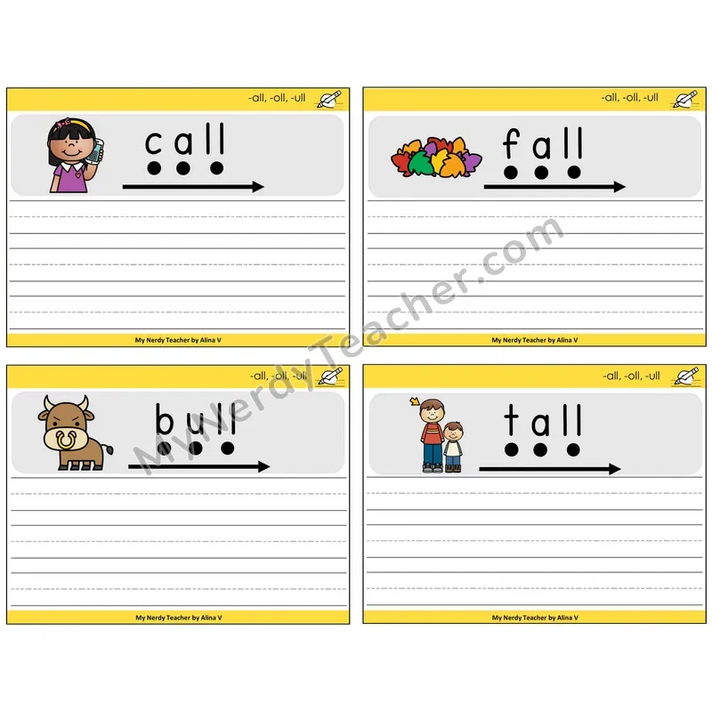 All, Oll, Ull Sentence Writing Task Cards — Decodable Sentences