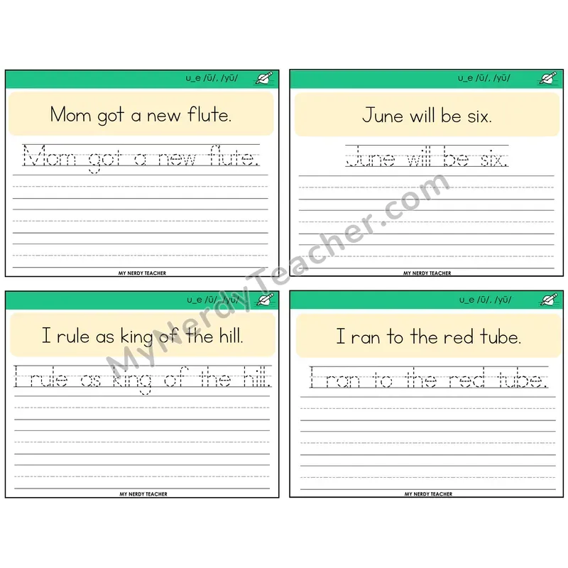 Long U VCe (u_e) Read It Trace It Write It Task Cards — Decodable Sentences