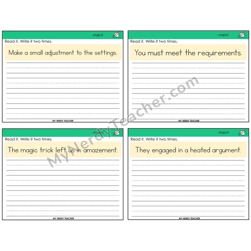 Suffix -ment Read It Write It Task Cards — Decodable Sentences