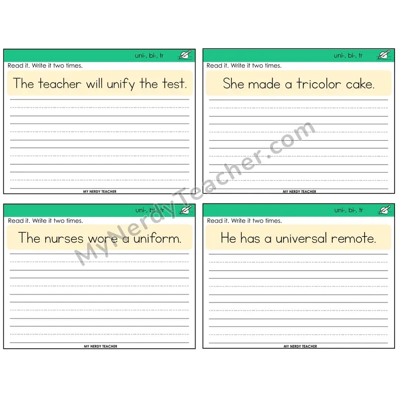 Prefixes uni-, bi-, tri- Read It Write It Task Cards — Decodable Sentences