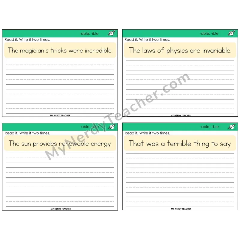 Suffixes -able and -ible Read It Write It Task Cards — Decodable Sentences