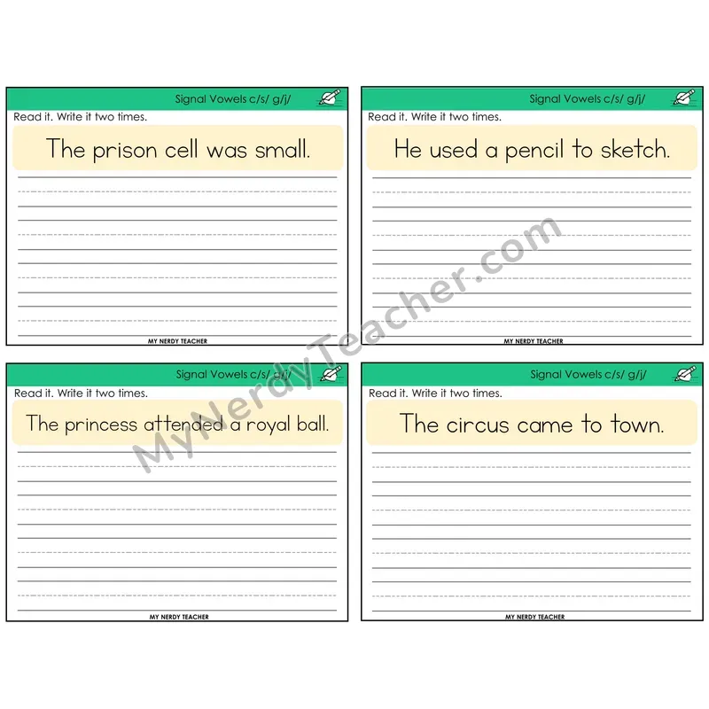 Signal Vowels (c/g soft) Read It Write It Task Cards — Decodable Sentences