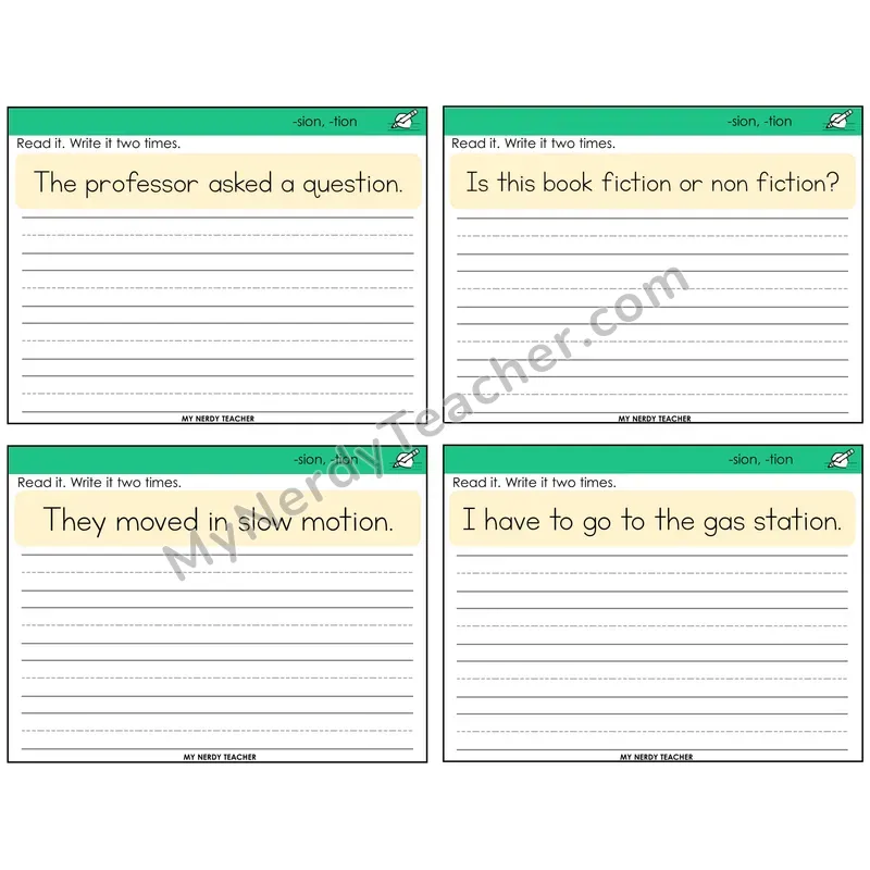 Suffixes -sion and -tion Read It Write It Task Cards — Decodable Sentences