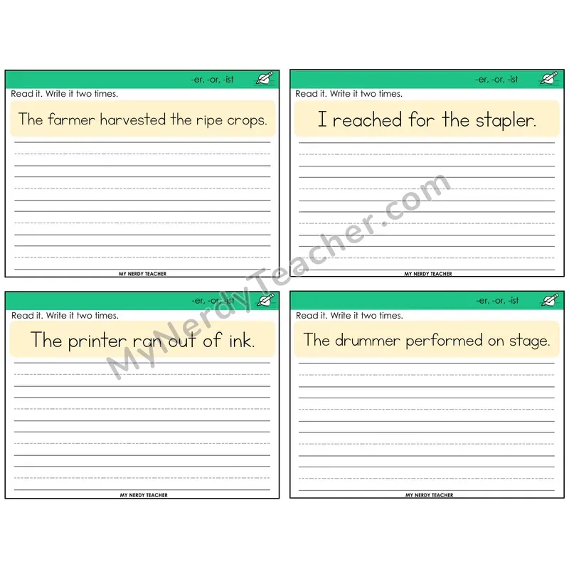 Suffixes -er, -or, -ist Read It Write It Task Cards — Decodable Sentences