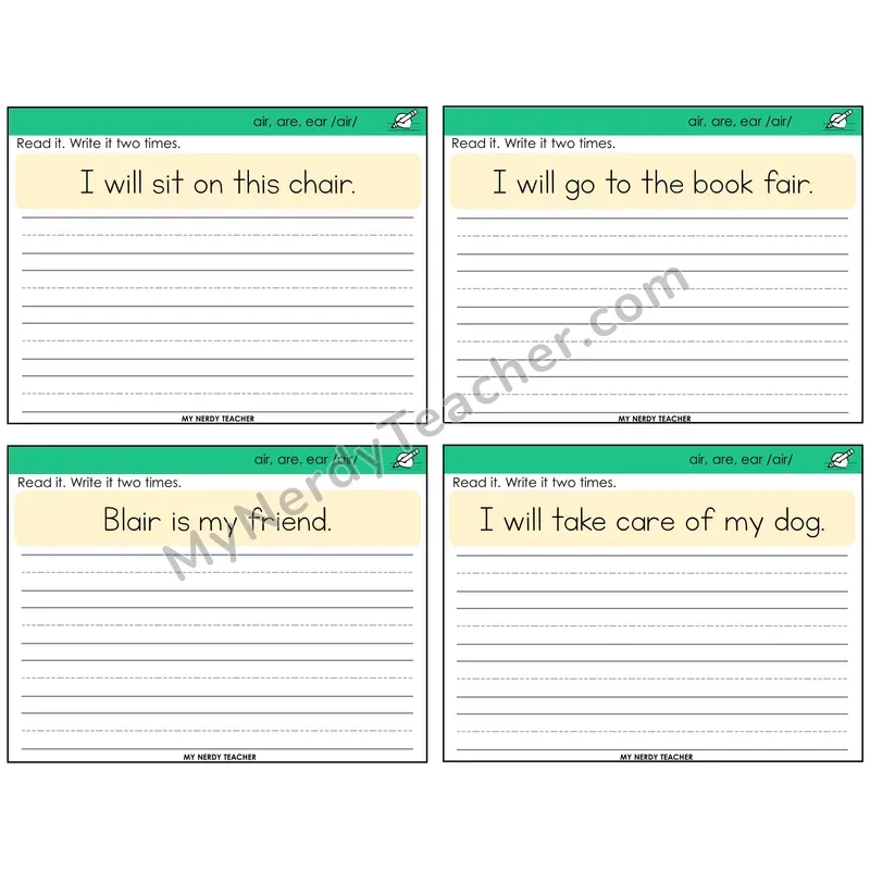 air, are, ear (/air/) Read It Write It Task Cards — Decodable Sentences
