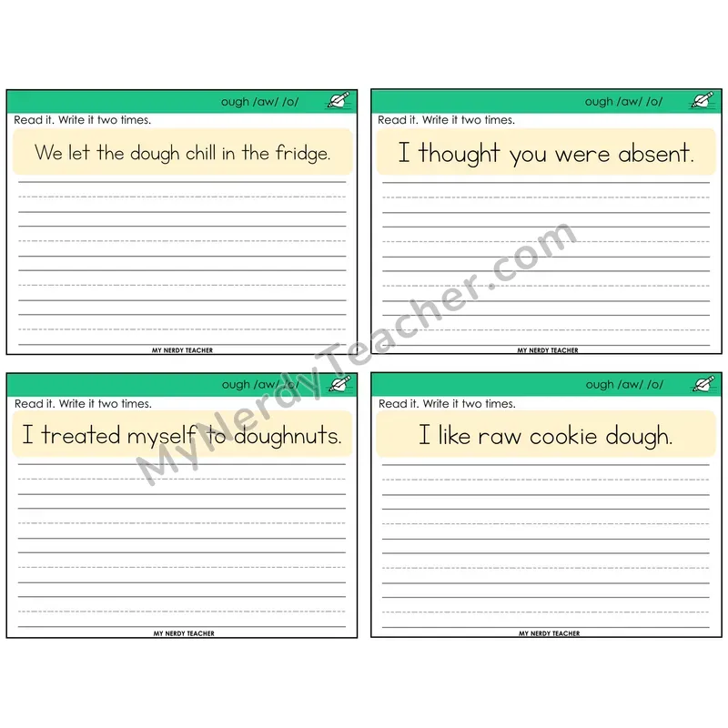 ough Spellings Read It Write It Task Cards — Decodable Sentences