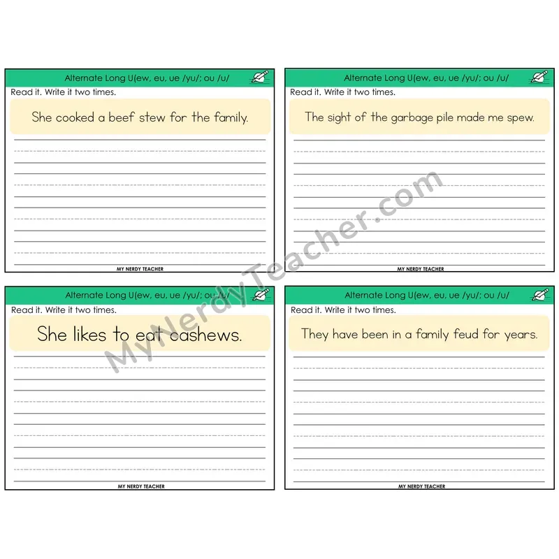 Alternate Long U Spellings Read It Write It Task Cards — Decodable Sentences