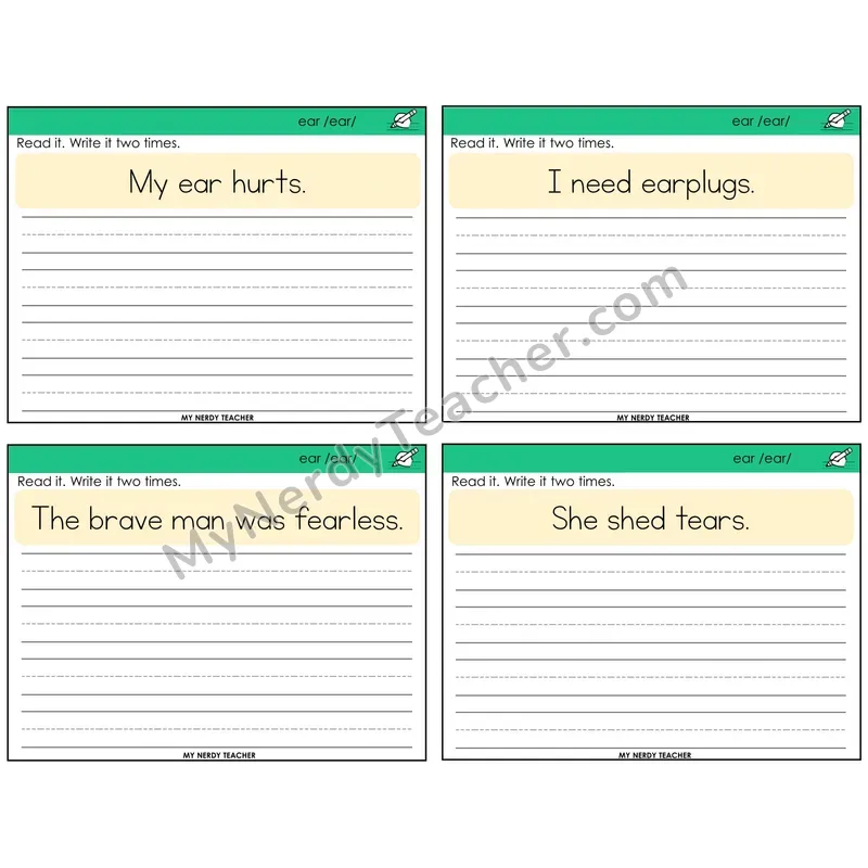 ear (/ear/) Read It Write It Task Cards — Decodable Sentences