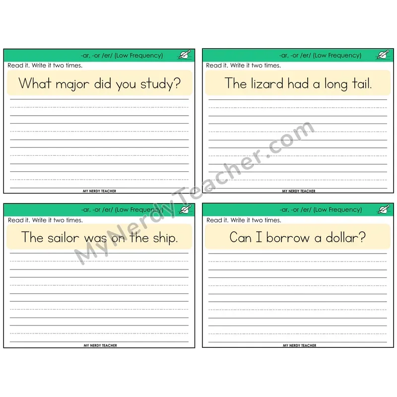 -ar and -or (/er/) Read It Write It Task Cards — Decodable Sentences