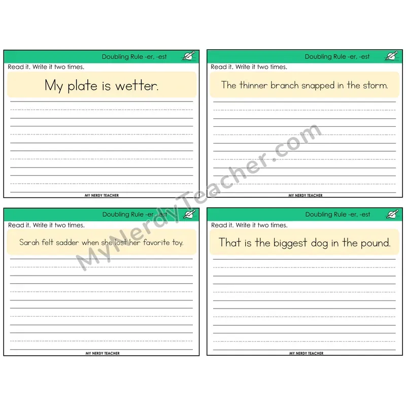 Doubling Rule -er, -est Read It Write It Task Cards — Decodable Sentences