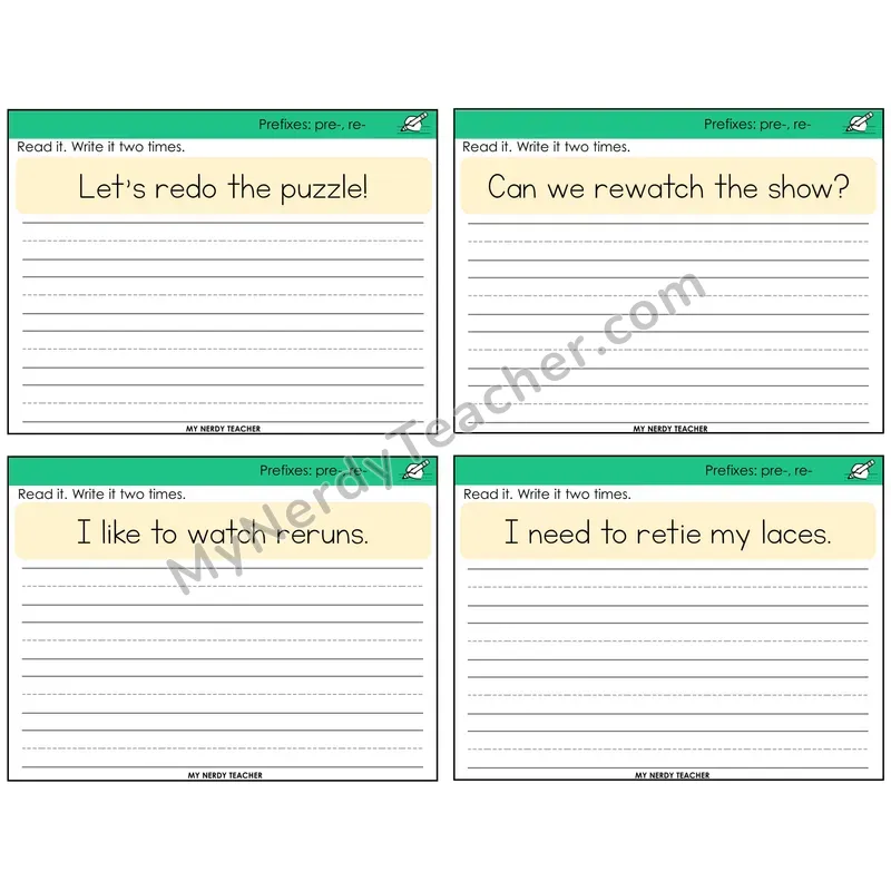 Prefixes pre- and re- Read It Write It Task Cards — Decodable Sentences