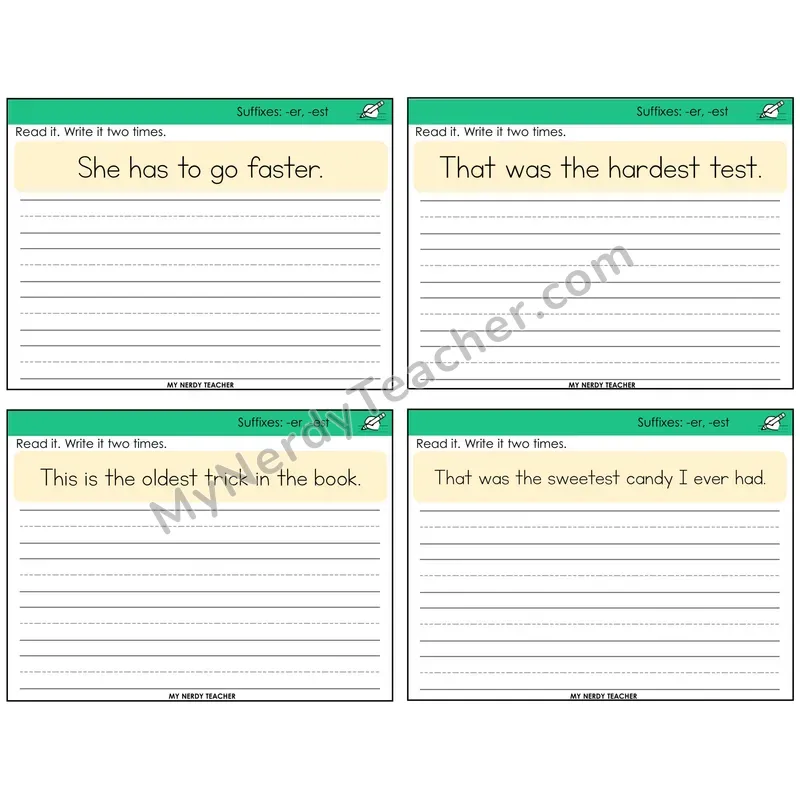 Suffixes -er and -est Read It Write It Task Cards — Decodable Sentences