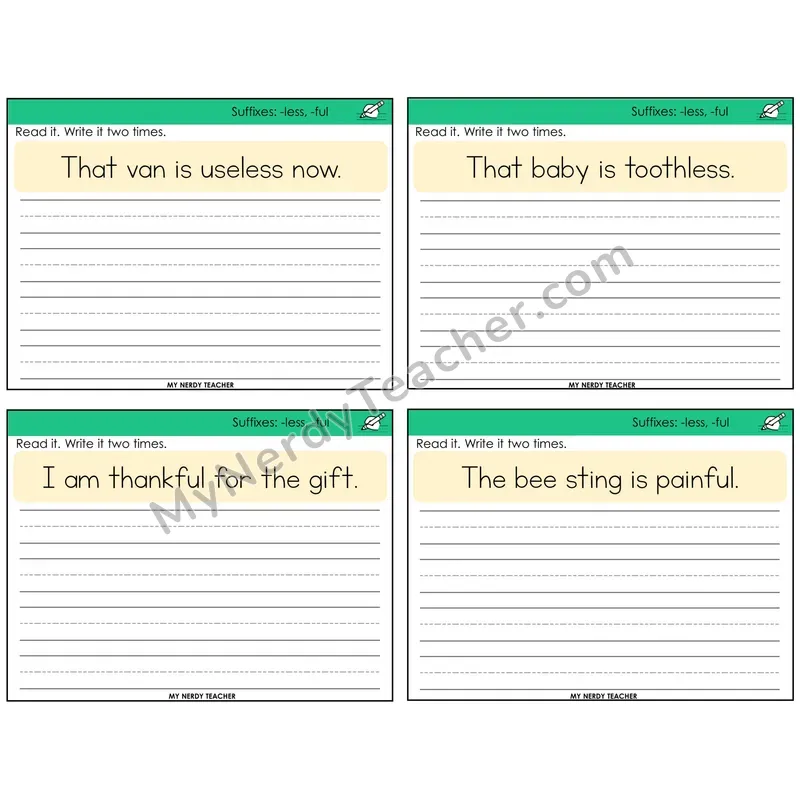 Suffixes -less and -ful Read It Write It Task Cards — Decodable Sentences