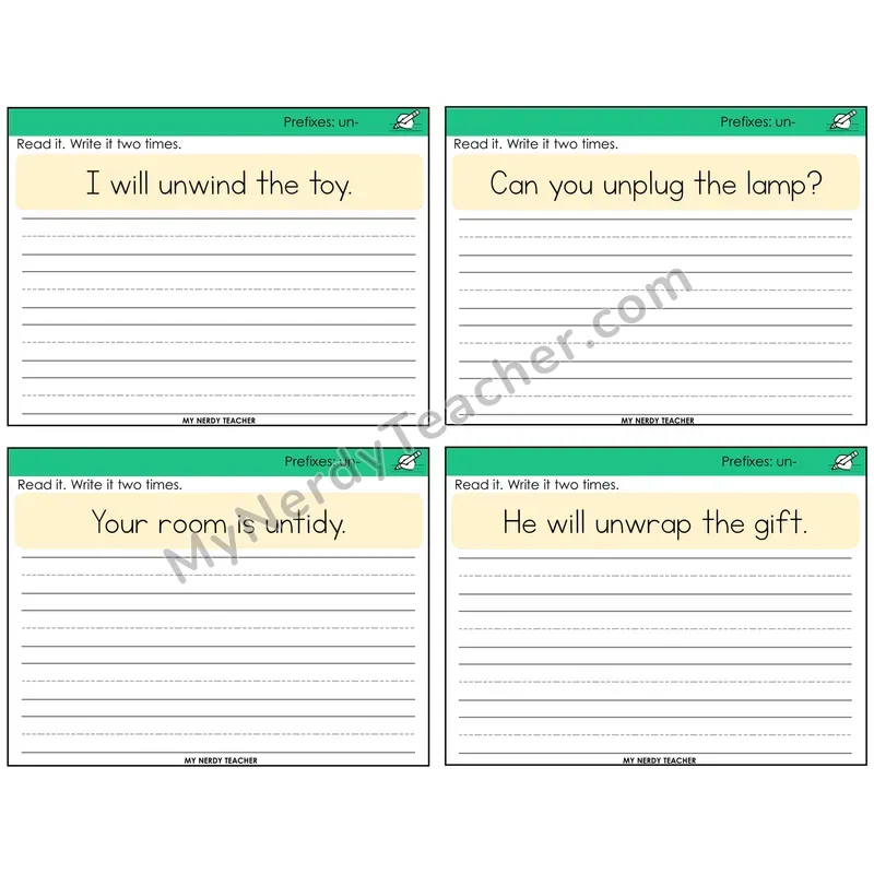 Prefix un- Read It Write It Task Cards — Decodable Sentences