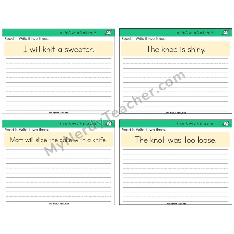 Silent Letters (kn, wr, mb) Read It Write It Task Cards — Decodable Sentences