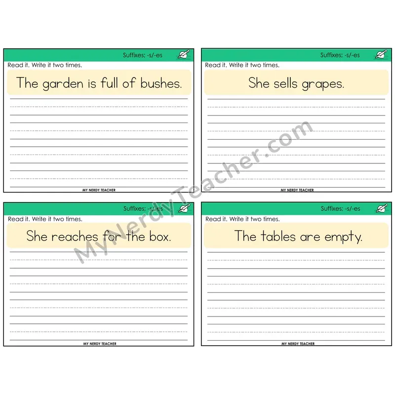 Suffixes -s and -es Read It Write It Task Cards — Decodable Sentences