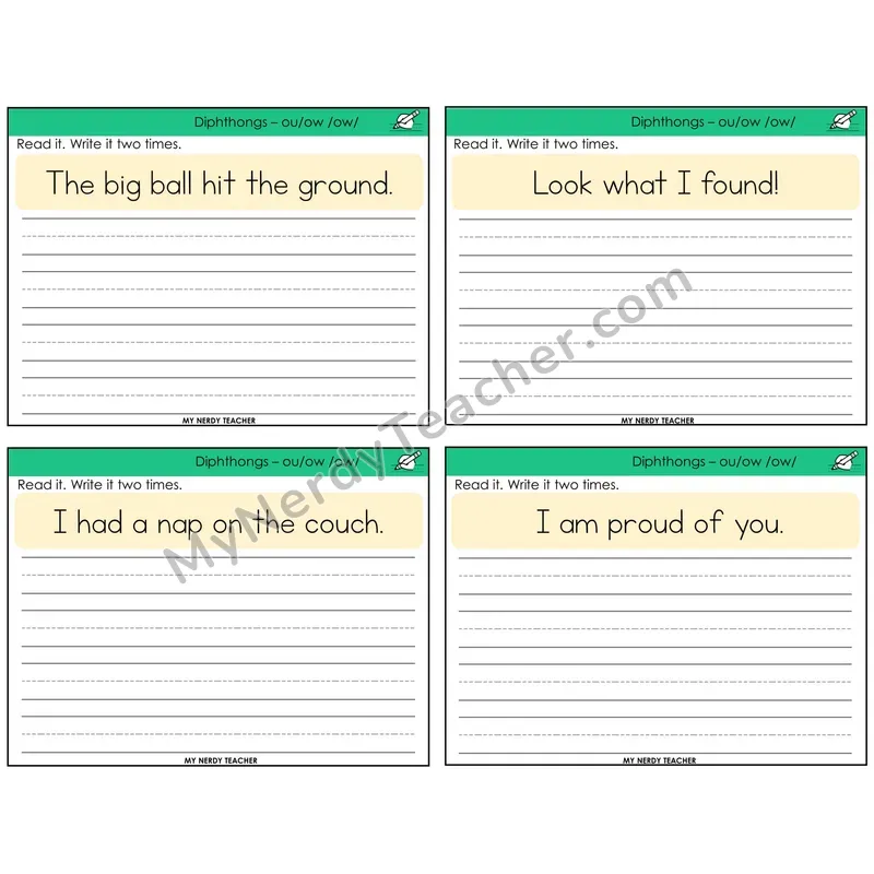 Diphthong OU and OW Read It Write It Task Cards — Decodable Sentences