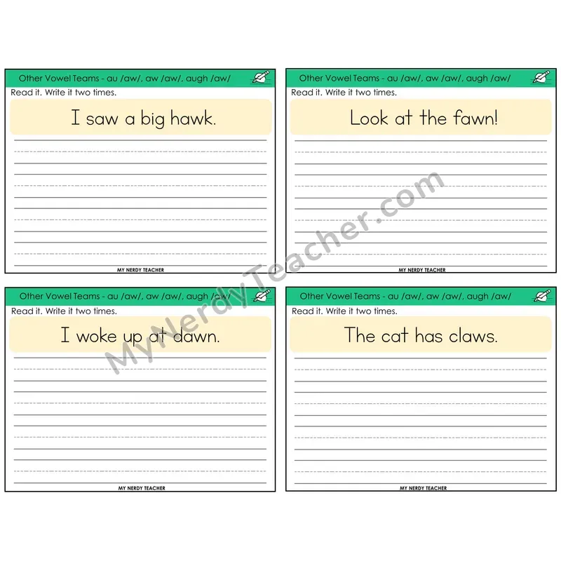 AU, AW, AUGH (/aw/) Read It Write It Task Cards — Decodable Sentences
