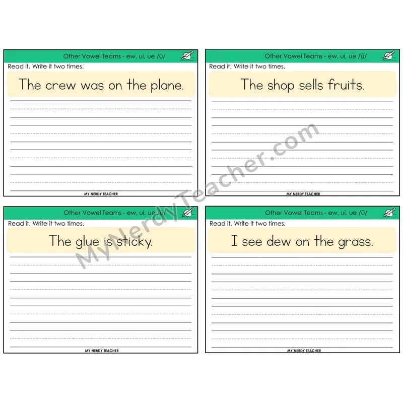 Long U (ew, ui, ue) Read It Write It Task Cards — Decodable Sentences