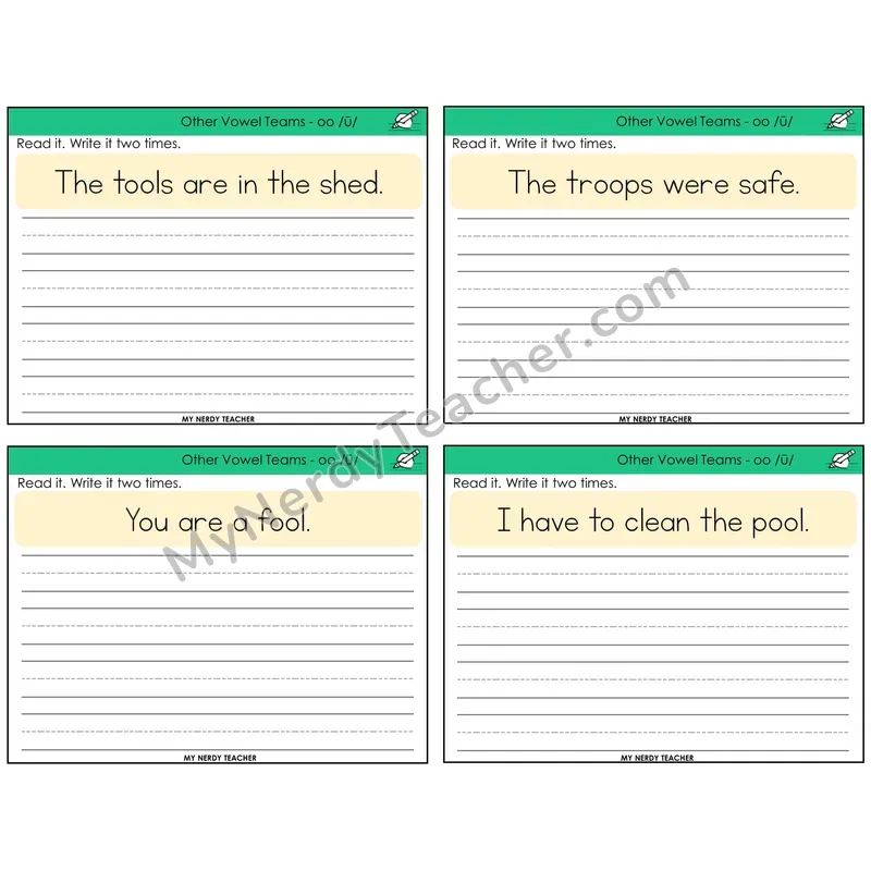 Long OO (/ū/) Read It Write It Task Cards — Decodable Sentences