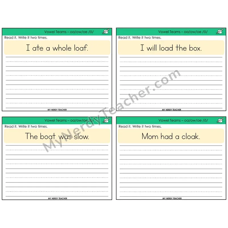 Long O Vowel Teams (oa, ow, oe) Read It Write It Task Cards — Decodable Sentences
