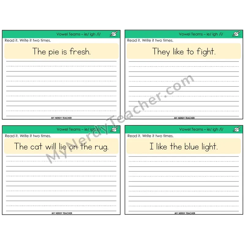 Long I Vowel Teams (ie, igh) Read It Write It Task Cards — Decodable Sentences