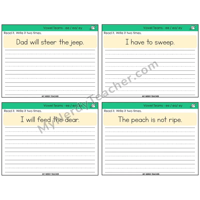 Long E Vowel Teams (ee, ea, ey) Read It Write It Task Cards — Decodable Sentences
