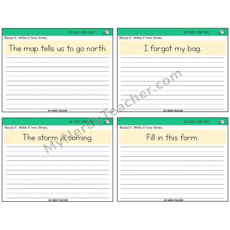 R-Controlled OR and ORE Read It Write It Task Cards — Decodable Sentences