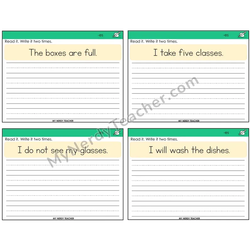 Suffix -es (Inflectional) Read It Write It Task Cards — Decodable Sentences