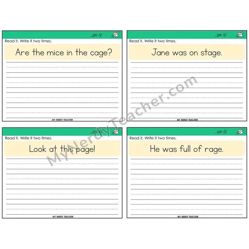 Soft G (_ge) Read It Write It Task Cards — Decodable Sentences