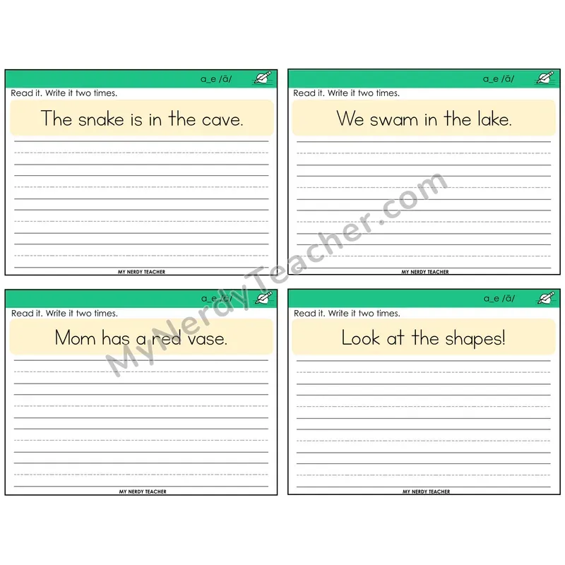 Long A VCe (a_e) Read It Write It Task Cards — Decodable Sentences
