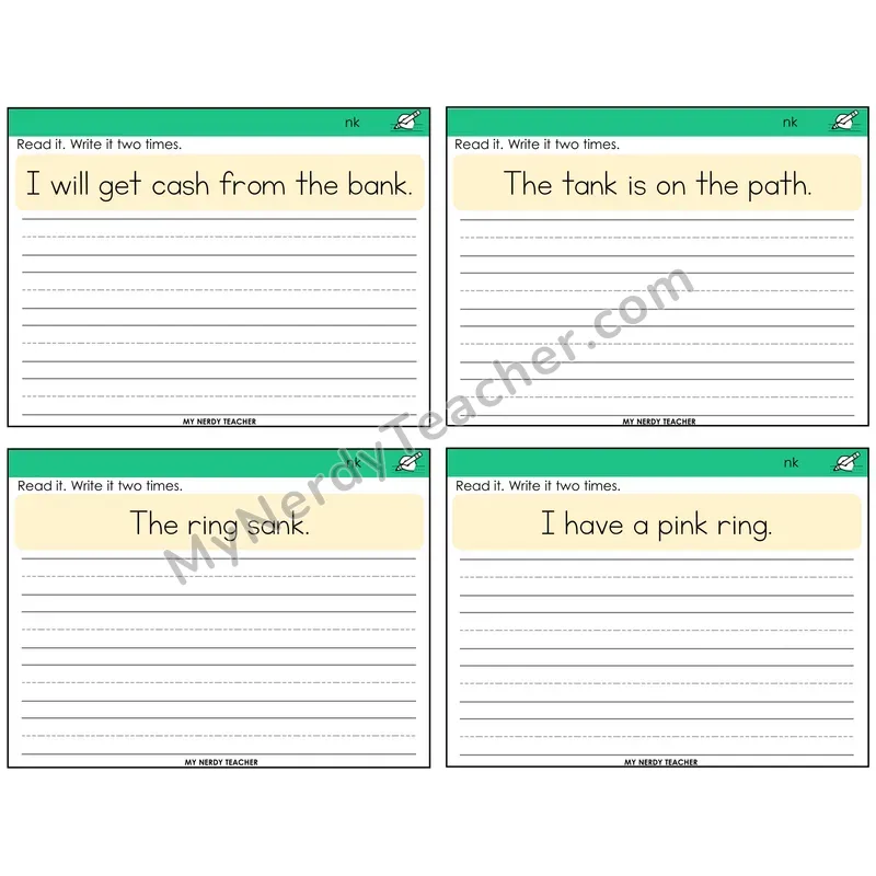 NK Digraph Read It Write It Task Cards — Decodable Sentences