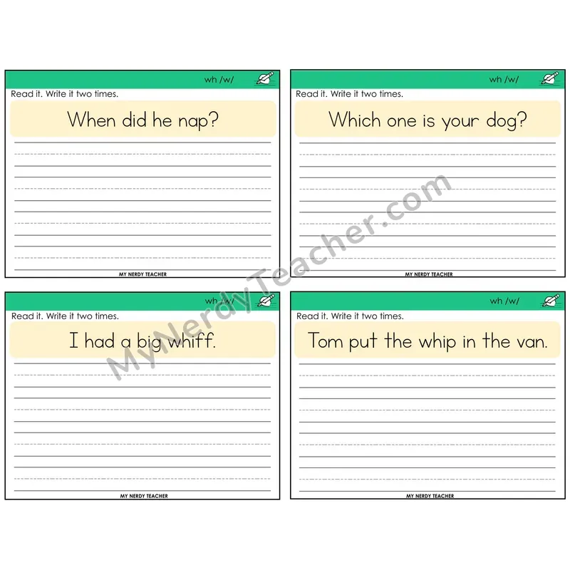 WH Digraph Read It Write It Task Cards — Decodable Sentences