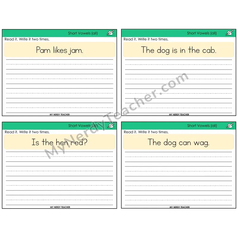 Short Vowels Review Read It Write It Task Cards — Decodable Sentences