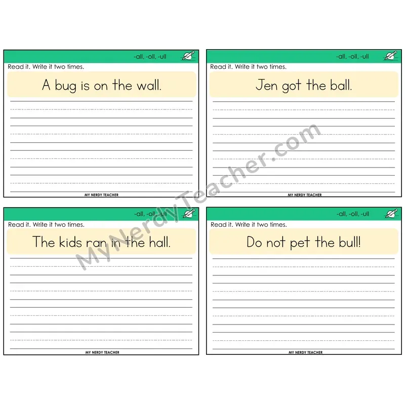 All, Oll, Ull Read It Write It Task Cards — Decodable Sentences