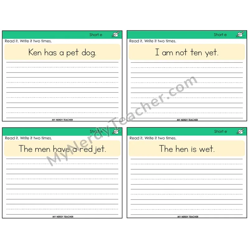 Short E Read It Write It Task Cards — Decodable Sentences