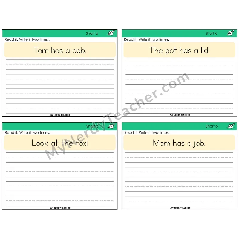 Short O Read It Write It Task Cards — Decodable Sentences