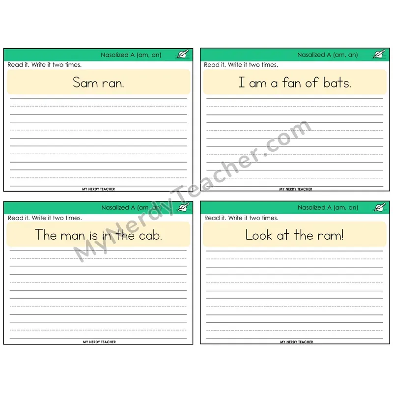 Nasalized A (am, an) Read It Write It Task Cards — Decodable Sentences