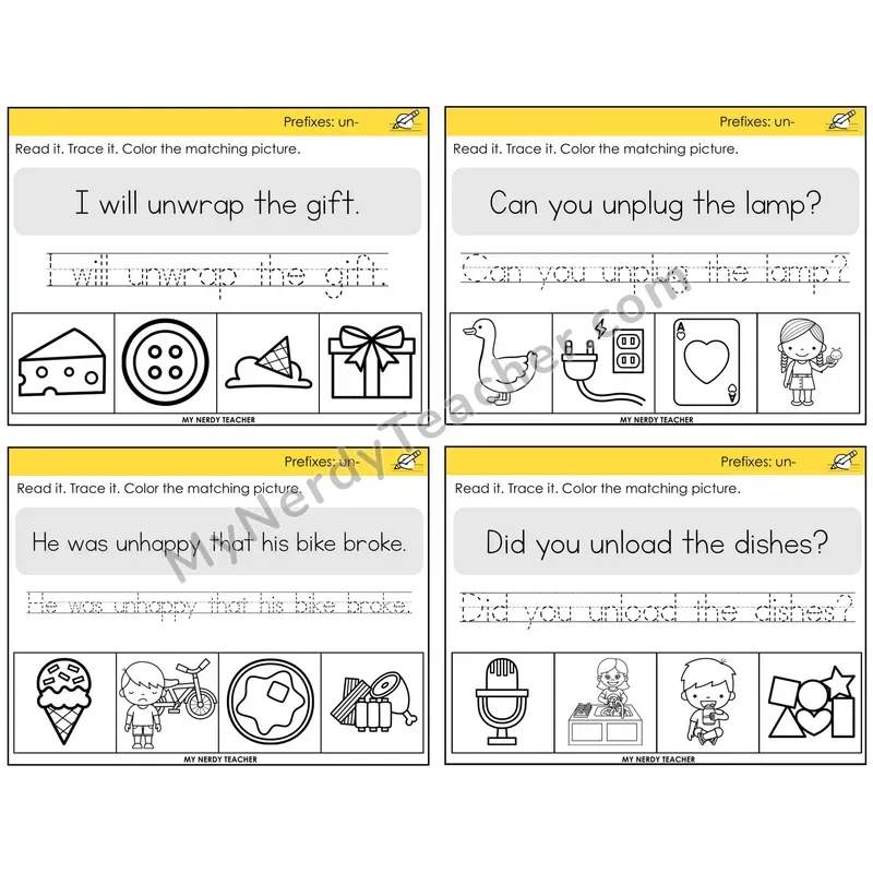 Prefix un- Read It Trace It Color It Task Cards — Decodable Sentences