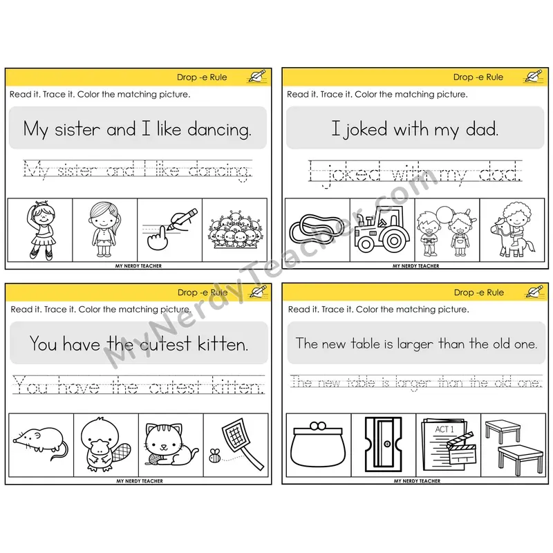 Drop -e Rule Read It Trace It Color It Task Cards — Decodable Sentences