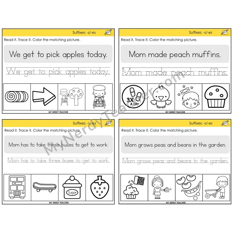 Suffixes -s and -es Read It Trace It Color It Task Cards — Decodable Sentences