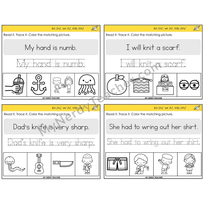 Silent Letters (kn, wr, mb) Read It Trace It Color It Task Cards — Decodable Sentences
