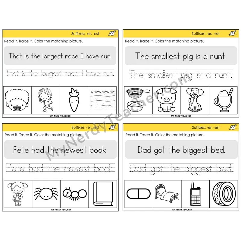 Suffixes -er and -est Read It Trace It Color It Task Cards — Decodable Sentences