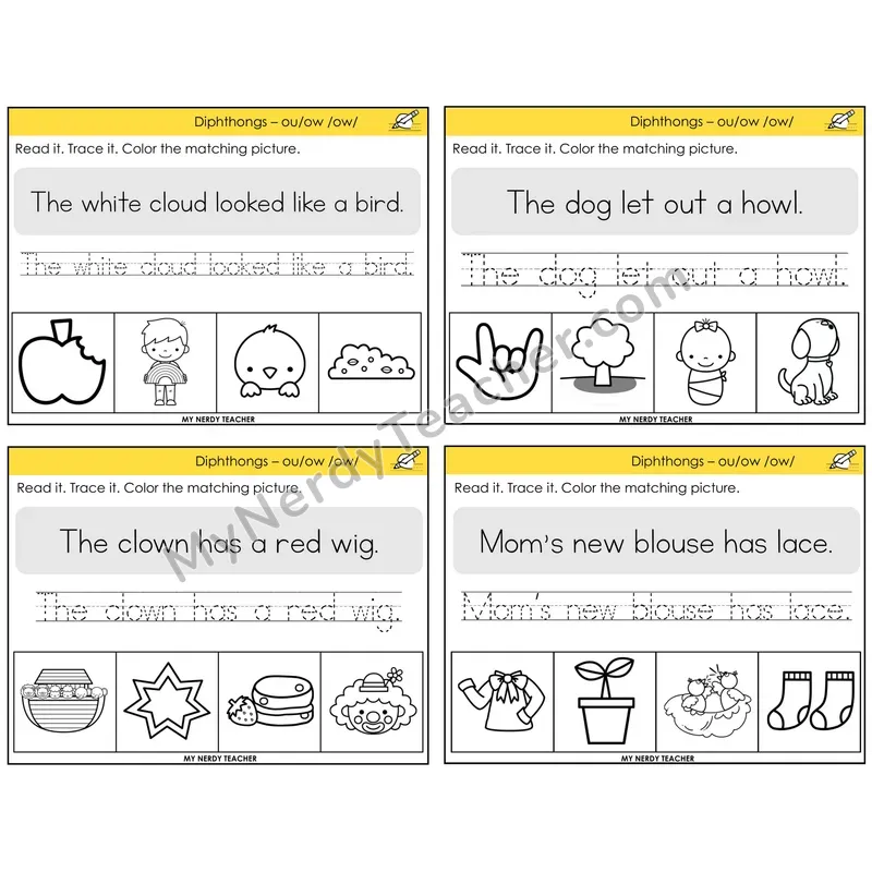 Diphthong OU and OW Read It Trace It Color It Task Cards — Decodable Sentences