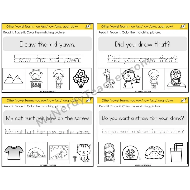 AU, AW, AUGH (/aw/) Read It Trace It Color It Task Cards — Decodable Sentences