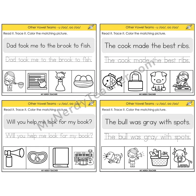 Short OO and U (/oo/) Read It Trace It Color It Task Cards — Decodable Sentences
