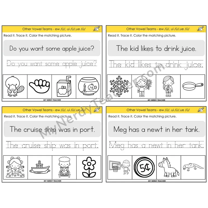 Long U (ew, ui, ue) Read It Trace It Color It Task Cards — Decodable Sentences